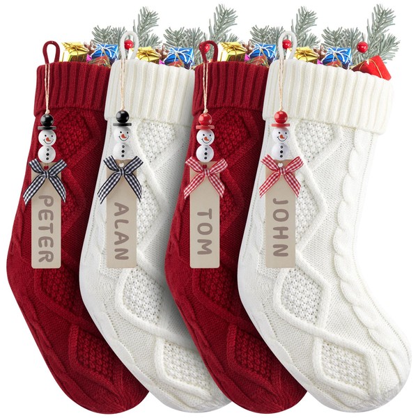 Personalized Christmas Stockings - 18 Inches Hanging Stockings with DIY Snowman Name Tags, 4 Pack Large Size Knitted Stockings for Mantels, Christmas Tree Family Holiday Decor, Red and White