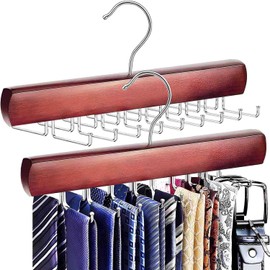 KEOAMG 2Pack Tie Rack Hanger for Closet, Sleek Tie Organizer for Men with 18 Upgraded Folding Hooks, Space-Saving Tie Holder, Tie and Belt Hanger for Closet (Mahogany)