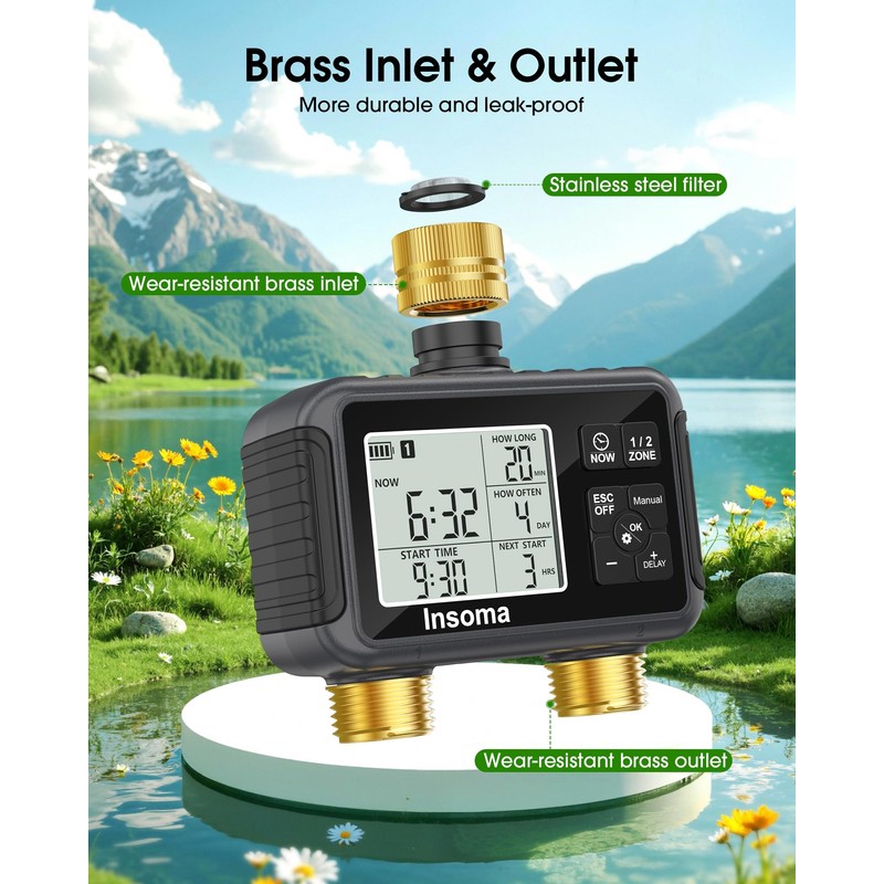 Insoma Water Timer with Brass Inlet & Outlet, 2 Independent