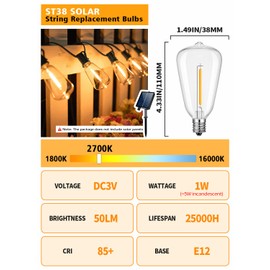 ST38 LED Solar Replacement Bulbs,1W Equal to 5W, Plastic E12 Screw Base Shatterproof & Waterproof Globe Bulbs Light for Outdoor String Lights,Patio Cafe Bistro Decor, DC 3V,2700K Warm White,25 Pack