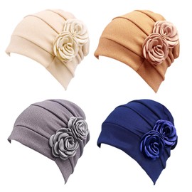 PHOGARY 4 Pieces Turban for Women, Flower Turban Scarf Headgear Women's Summer Turban Hat Women's Chemo Headwear Hat for Hair Loss Chemo with Flower Cotton Hat, gray