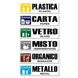GamesMonkey® - Stickers Separate Collection Recycling Waste Rubbish v1 - Waterproof Washable Illustrated - Italian English - Compliant with UNI 11686 (15x4 cm, 6 Pieces)