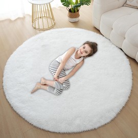 Skyweaver White Round Rug for Girls Bedroom, 3x3 Fluffy Circle Rug for Kids Room,Furry Carpet for Teen,Shaggy Circular Rug for Nursery Room,Fuzzy Plush Rug for Dorm,Cute Room Decor