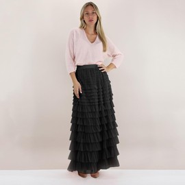 OBEEII Women's Tiered Tulle Skirt Height Waist A Line Layered Mesh Long Skirt for Leisure Holiday Prom Party, black