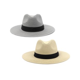 Zylioo 2 Pack Large Head Women's Beach Hats,Men's Straw Panama Hat,Foldable Summer UV Hat,Packable Travel Sun Hats Beige-Gray