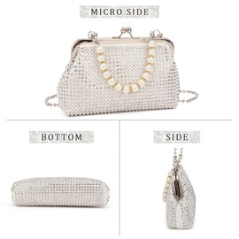SUKUTU Women Luxury Full Rhinestone Shoulder Bag Noble Kiss Lock Crystal Messenger Bag Clutch Handbag with Pearl Beaded Chain