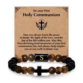 Casxyue First Holy Communion Gift For Boys Cross Bracelets With Initial For Son Grandson Confirmation Christian Gifts (S)