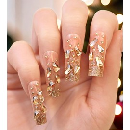 Press on Nails Extra Long - Aegenacess Square Press On Nails with 3D Gold Rhinestones, Luxurious Y2K Fake Nails with Glue Sticker, Handmade 24 pcs Stick On Nails False Nail in 12 Sizes