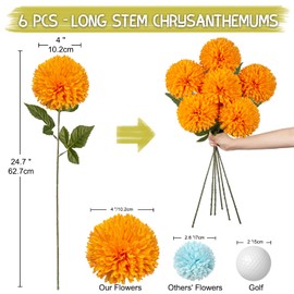 Briful Autumn Artificial Chrysanthemums Ball Flowers 4’’ Large Heads Mums Stems Orange Fake Hydrangea Flowers Bridal Wedding Bouquet for Home Garden Party Wedding Fall Harvest Decoration, Set of 6