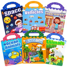 6 Set Reusable Puffy Sticker Books for Kids 2-4, 3D Jelly Stickers Books for Toddlers 1-3, Craft Activities Toddler Travel Toys, Gifts for Boys Girls - Including Animals, Dinosaurs, Vehicles, Space