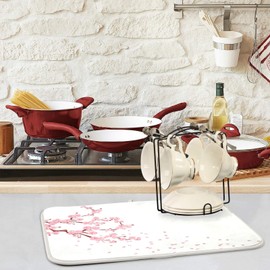 ZzWwR Beautiful Pink Cherry Blossoms with Petals Absorbent Dish Drying Mat, 16 x 18 Inches Microfiber Kitchen Countertop Table Protector Multi-purpose Counter Rack Sink Drainer Pad