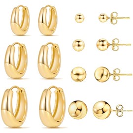 7 Pairs 14K Gold Small Hoop Earrings Studs Set for Women Earring Stacks| 3 Sizes Chunky Water Drop Hoops (8,10,12mm) + 4 Pairs Ball Studs (3,4,5,6mm) | 316L Surgical Steel Earrings Small Huggie Hoops Hypoallergenic for Sensitive Ears
