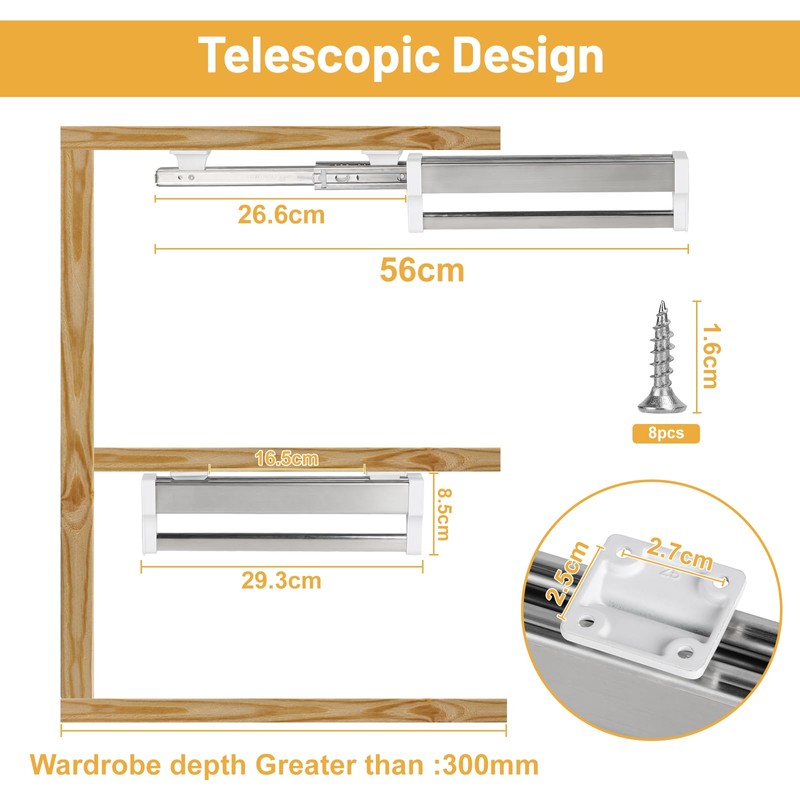 DBREAKS Extendable Clothes Rail for Pull-Out Clothes Hangers, Wardrobe Rail,
