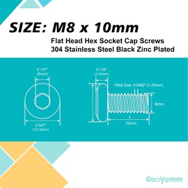 GuoYomm M8 x 10mm 25Pcs Flat Head Hex Socket Cap Screws, 304 Stainless Steel 18-8, Black Zinc Plated, Connection Furniture Bolts, Full Thread