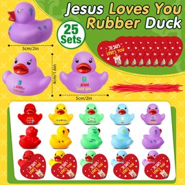Sotiff 25 Sets Jesus Loves You Mini Rubber Ducks Bulk with Cards 2 Inch Little Jesus Ducks Figures Christian Rubber Ducks Baby Bath Toy to Hide Baby Shower Religious Party Favor Church Gifts Reward