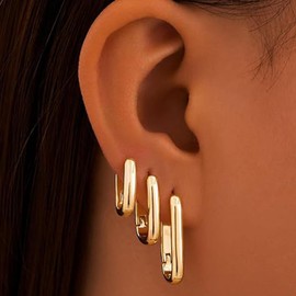 3 Pairs Gold Hoop Earrings for Women Trendy 14K Gold Plated Earrings Lightweight Small Chunky Hoops Earrings set Pack Minimalist Hypoallergenic Square Earrings (Gold)