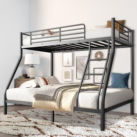 Loft Bunk Bed Twin Over Full Size with Ladder and Guardrail, Heavy Duty Bunk Beds Metal Slats Support, No Box Spring Needed, Space Saving Furniture for Bedroom Kid Room and Dorm (Twin Over Full)