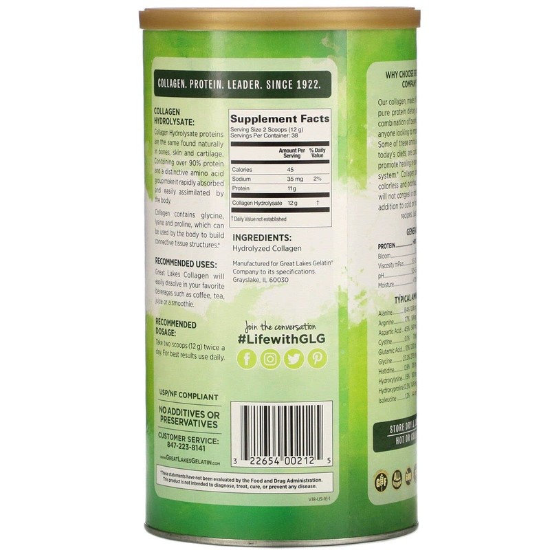 Great Lakes Gelatin, Collagen Hydrolysate, Unflavored Beef Protein, Kosher, 16