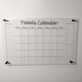 PinPix Clear Acrylic Dry Erase Board - 20x30 Inch with Chrome Standoff Wall Mount Hardware and Monthly Calendar Design
