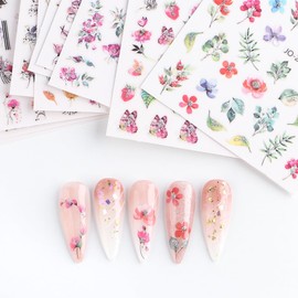 8 Sheets Flower Nail Art Stickers 3D Self-Adhesive Nail Supplies Supply Red Pink Purple Flower Designer Nail Decals for Women DIY Nails Designs Decoration