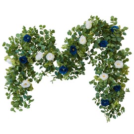 PARTY JOY 2pcs 6.56ft Eucalyptus Garland with Flowers-8 Blue White Roses, Artificial Fake Flowers Greenery Garland Floral Vines for Decoration Party Wedding Table Indoor Outdoor Backdrop Wall Decor