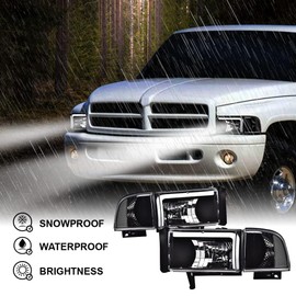 PIT66 LED Headlights Left & Right Side Compatible with 1994-2002 Dodge Ram 1500 2500 3500(Not Fit Sport & Ram Van Model) Headlamp Replacement Accessories Clear Lens Black Housing Clear Reflector
