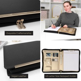 BLU MONACO Portfolio Binder - Black Vegan Leather Padfolio for Women -Folder with Gold Trim