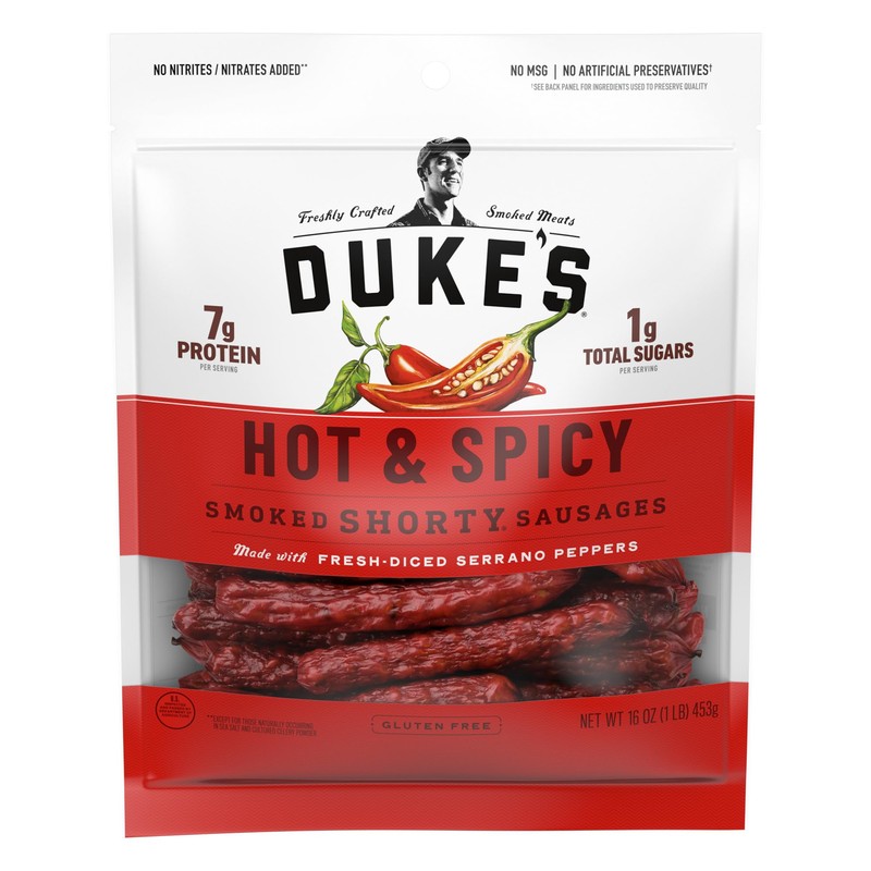 Duke's Pork Hot & Spicy Smoked Shorty Sausages, 7g Protein