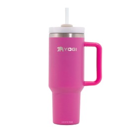 YOGI - Vaso fucsia con asa y tapa de popote, acero inoxidable, forro de cerámica, taza de viaje, vaso de agua sellado al aspiradora con asa, 40 onzas