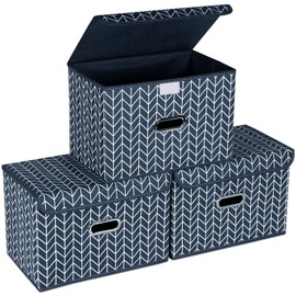 STOREONE Fabric Storage Cube Bins Foldable Organizer Container Collapsible Basket with Lids and Metal Handles, for Home, Bedroom, Closet 3 Pcs (Grey Wave)