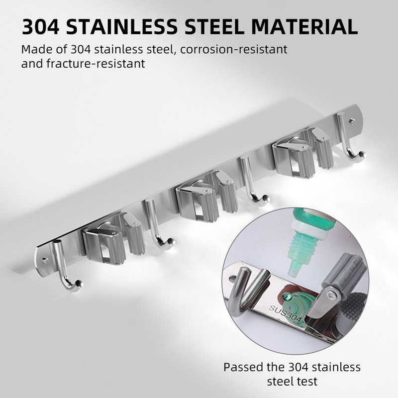 2pcs 304 Stainless Steel Broom Holder 3 Racks 4 Hooks