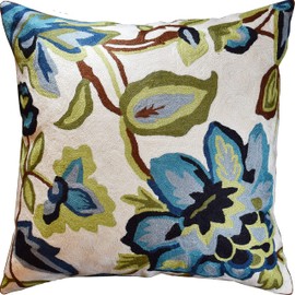 Modern Cream Decorative Floral Pillow Cover Needlepoint White Flower Hand Embroidered Pillowcase Flowery Outdoor Suzani Accent Cushion Boho Chair Modern Chair Pillowsham Wool Size 18x18