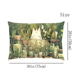 Cute Kawaii White Cat Anime Green Plant Leaves Pillow Case Pillowcase, Pillowcases for Sofa Couch Bedroom Living 20x30 Inches