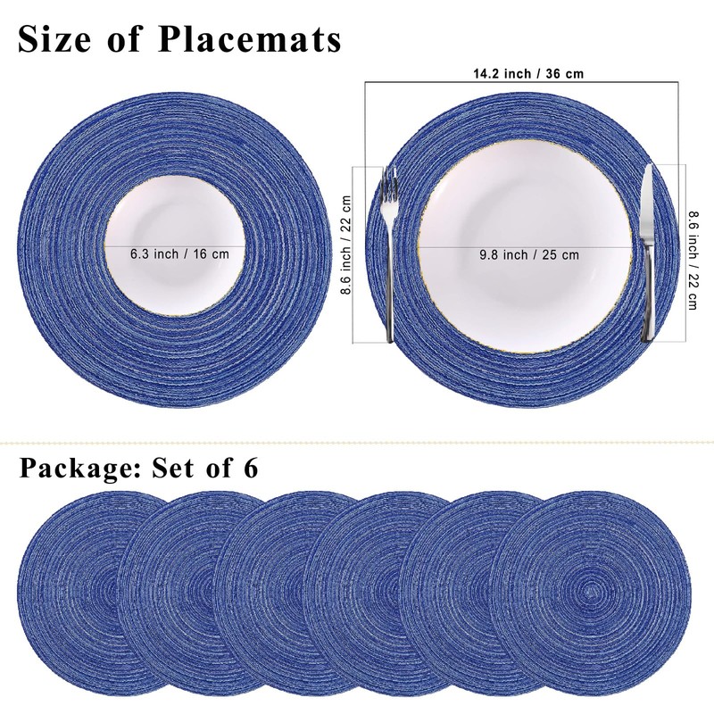 Blue Round Placemats Set of 6, ZOIMINU 36cm/14.2 inch Braided