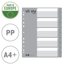 VON Leitz Pack of 10 A4 Number Indexes, 1-5 Numbered Dividers for Folders, Polypropylene, Extra Wide, 11-Hole Universal Index for Loose Leaf Folders and Ring Binders, Grey, 12590085
