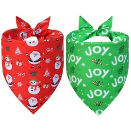 WoffBow Christmas Dog Bandanas 2-Pack for Large X-Large Dogs - Reversible Santa & Stripes Print Scarf, Red & Green Pet Costume Accessory for Holiday Parties