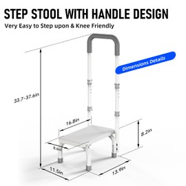 Height Adjustable Step Stool with Handle and Non-Skid Platform, Lightweight & Sturdy Standing Aid Support for Elderly, Seniors, Ideal for Bedside, Bathtub & Car Use, Holds up to 440 lbs (White)