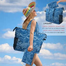 ABAMERICA Beach Bags Waterproof Sandproof Beach Tote Pool Bag with Zipper 7 Pockets Cosmetic Bag, Large Self Standing (B02- Blue Waves)