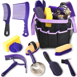 KUNBEIEN Horse Grooming Kit - 11 Piece Bathing Supplies with Organize Bag, Full Body Kit Including Sweat Scraper, Bath Sponge, Hoof Pick, Massage Comb (Purple)