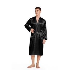 Prohonbec Men's Kimono Satin Bathrobe with 2 Pockets for Daily Use Sleep Wedding Silky Long Sleeve Bathrobe Sleepwear, black