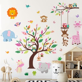 Yeysynana Watercolor Jungle Animal Tree Wall Decals Forest Baby Cute Animals Large Wall Art Stickers for Baby Kids Nursery Playroom Bedroom Classroom Living Room Wall Decor
