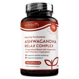 Nutravita Ashwagandha KSM-66 Relax Complex with Magnesium, Lion's Mane & L-Tryptophan - Supports Relaxation & Mental Wellbeing - Normal Psychological Function & Reduction in Fatigue - 120 Capsules - Nutravita