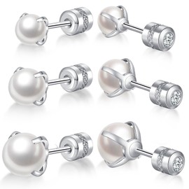 GLLBTPT Pack of 3 Screw Back Pearl Earrings Studs 3MM/5MM/7MM,Quality Stainless Steel Stud Earrings for Men Women Birthday Anniversar