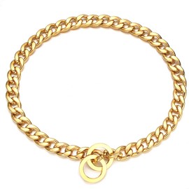 Aiyidi Strong Gold Chain Dog Collar 11/13/15MM Wide Stainless Steel 18K Gold NK Chain Cuban Link Collar Chew Proof Walking Training Collar 12inch-26inch for Small Medium Large Dogs (11mm, 18inch)