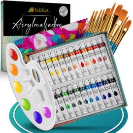 Kelthor Acrylic Paint Set - 24 Artist Colours Waterproof - with Canvas and Brush Set [10 Pieces] - Paint for Wood, Fabric, Stone, Ceramic - For Beginners and Children - Includes Colour Parlette and