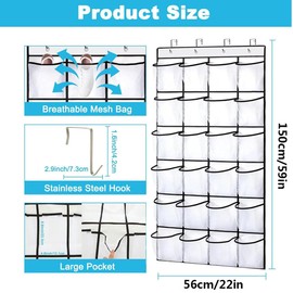 iDopick 2 Pack Hanging Shoe Organizer, 24 PocketsClear Over the Door Shoe Rack Hanging Shoe Holder on Door Large Shoe Hanger for Door Large Capacity Shoe Organizer Holder with 4 Metal Hooks, White