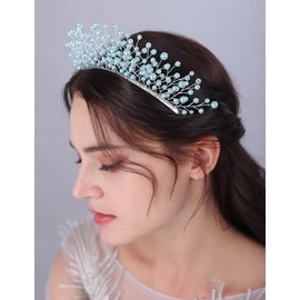 Teyglen Bridal Pearl Headband Blue Pearl Beads Wedding Headband Tiara Handmade Pearl Hair Band Hoop Wedding Headpiece Hair Accessories for Women Girls (Blue)