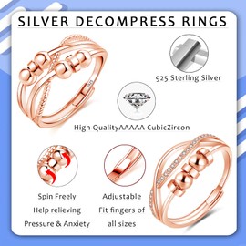 Bewenda Silver Anxiety Ring Set, 2PCS Silver Anti-Stress Rings Set with Beads, Open Adjustable Anti Stress Rings, Spinner Fidget Thumb Ring with Zirconia, Stressrings Mood Ring for anxiety women Girl