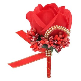 Febou Boutonniere 4PCS Wedding Boutonniere Handmade Rose Boutonniere Corsage with Pin and Clip for Groom Bridegroom Groomsman Perfect for Wedding, Prom, Party (4 Packs, Boutonniere-Red)