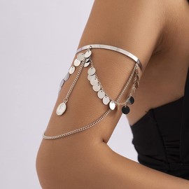 Missgrace Boho Dainty Sequins Tassels Upper Arm Cuff Armlet Open Cuff Wrap Bohemian Layered Coin Bracelet Arm Bangles Wedding Costume for Women (Silver)